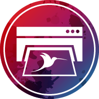 Ein Icon mit einem roten und blauen Farbverlauf und einem Drucker Symbol aus dem ein gedrucktes Blatt mit dem Kolibri Signet rauskommt 