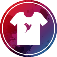 Ein Icon mit einem roten und blauen Farbverlauf und einem T-Shirt Symbol auf dem das Kolibri Signet von artprintz und arte logo abgebildet ist