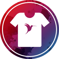 Ein Icon mit einem roten und blauen Farbverlauf und einem T-Shirt Symbol auf dem das Kolibri Signet von artprintz und arte logo abgebildet ist